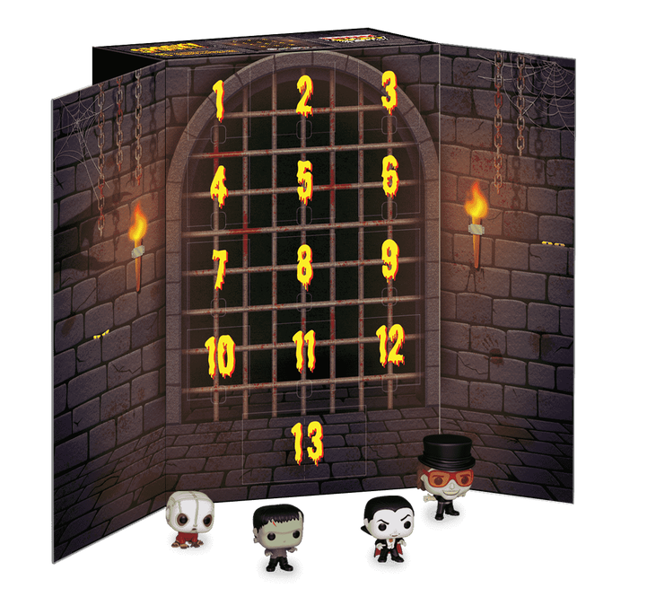 A gothic-themed advent calendar with numbers 1 to 13 and three small vinyl figurines, set against a stone wall with torches and chains.