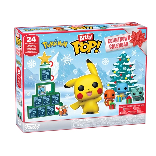 The Pokémon Funko Pop Bitty Pop advent calendar, with Pikachu, Charmander, Bulbasaur, and Squirtle on the cover
