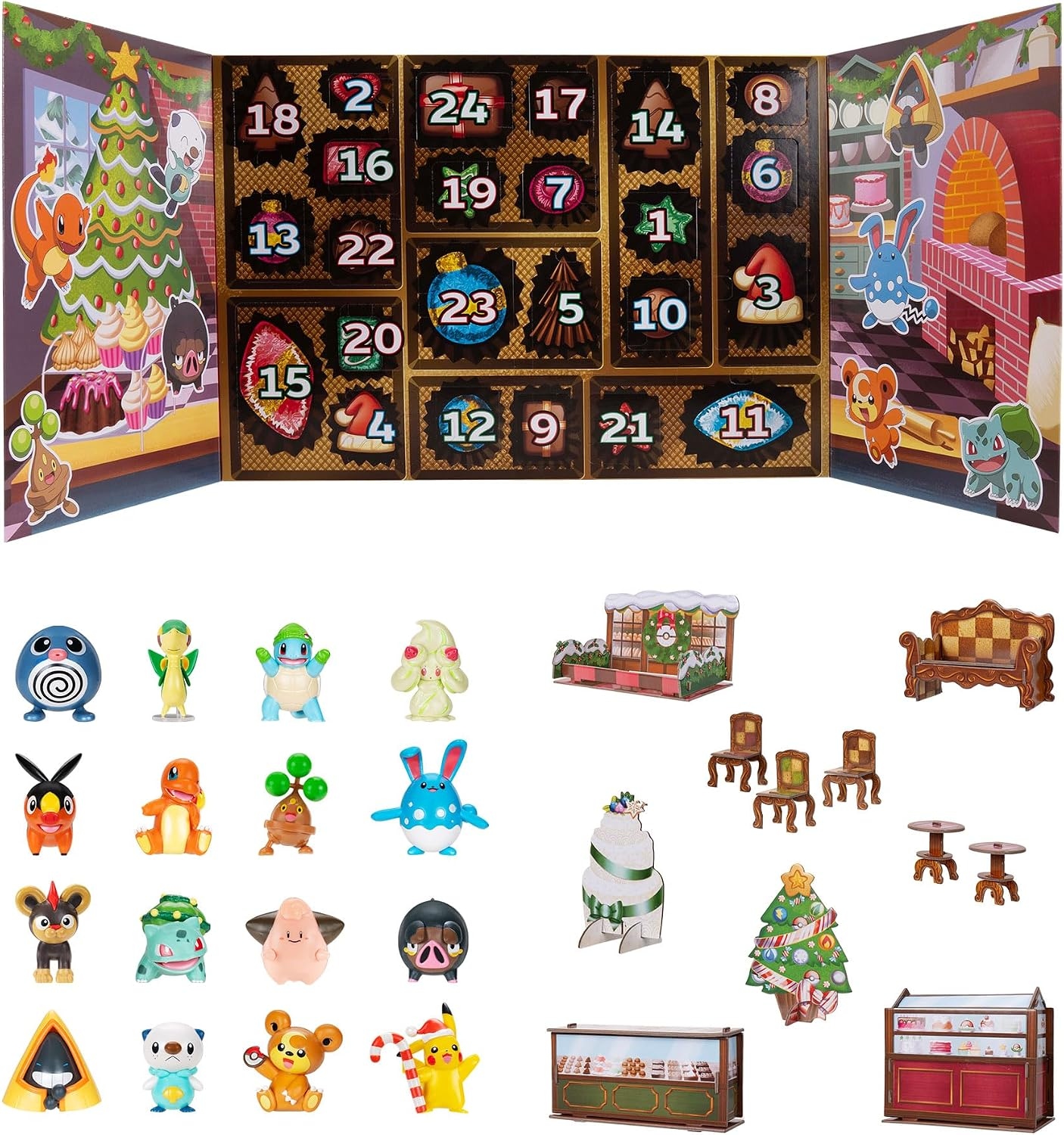 An image showing the toys and accessories that come with the Pokémon holiday calendar 2025, still on sale in 2026