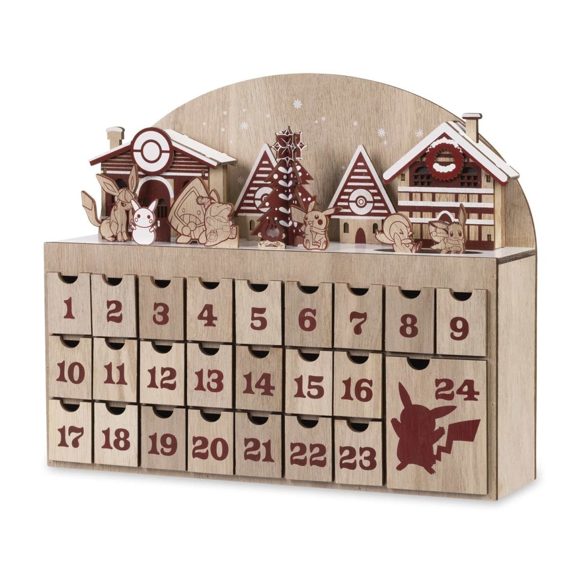 An image showing a carved wooden Pokémon advent calendar with 24 drawers