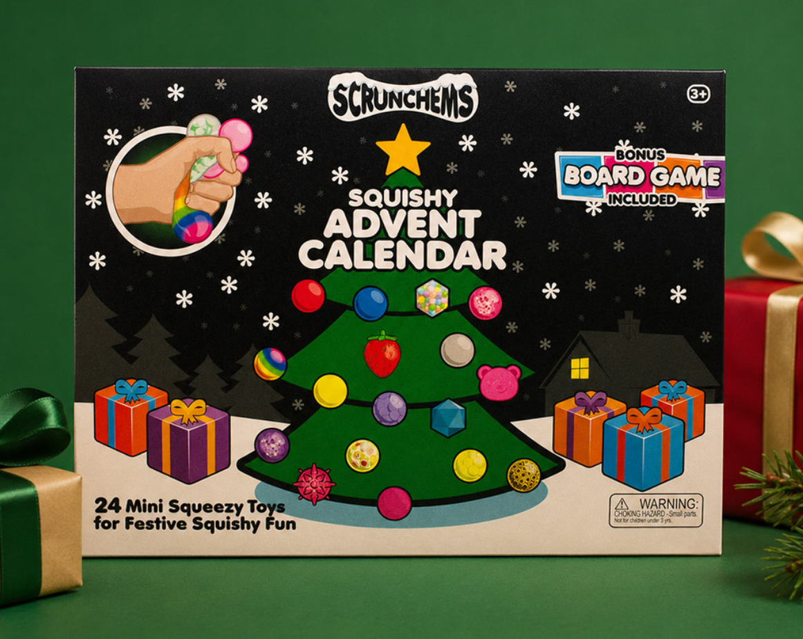 Box for “Scrunchems Squishy Advent Calendar” showing a decorated tree, presents, and 24 mini squishy toys. Text notes a bonus board game is included. Gift-wrapped boxes nearby.