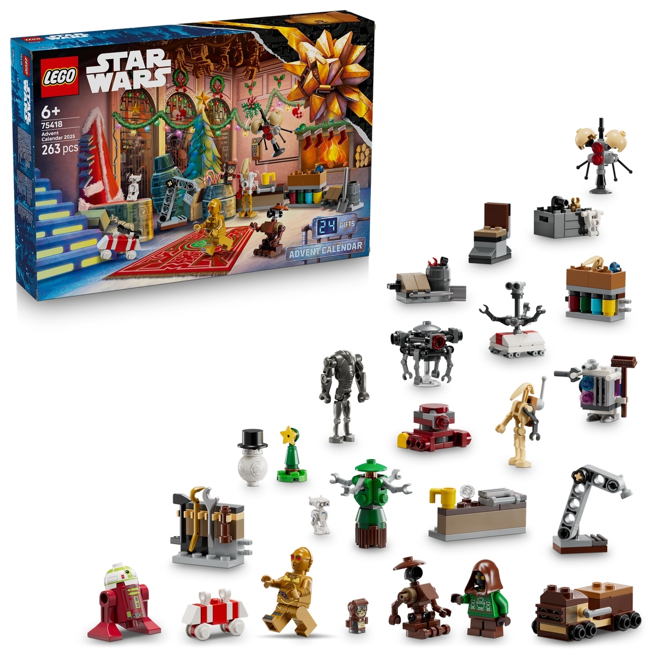 An image showing the 2025 LEGO Star Wars advent calendar, alongside many LEGO droid minifigures contained within