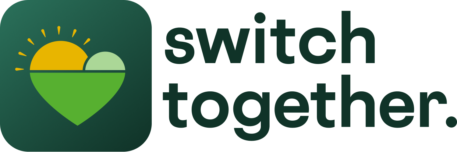 switch together logo Logo with two overlapping heart shapes resembling a sun and field, next to the words “switch together.” in bold, dark green text.