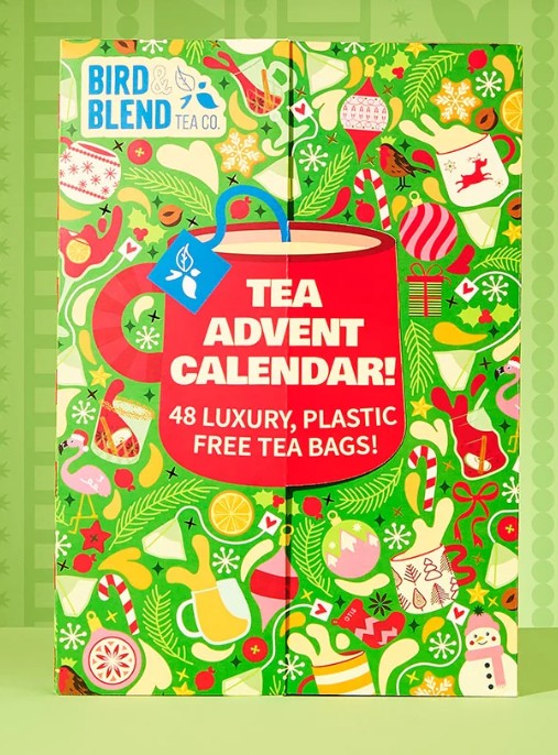 bird and blend 2026 Colourful Bird & Blend Tea Co. Tea Advent Calendar box with festive illustrations and text: “48 luxury, plastic-free tea bags.”.