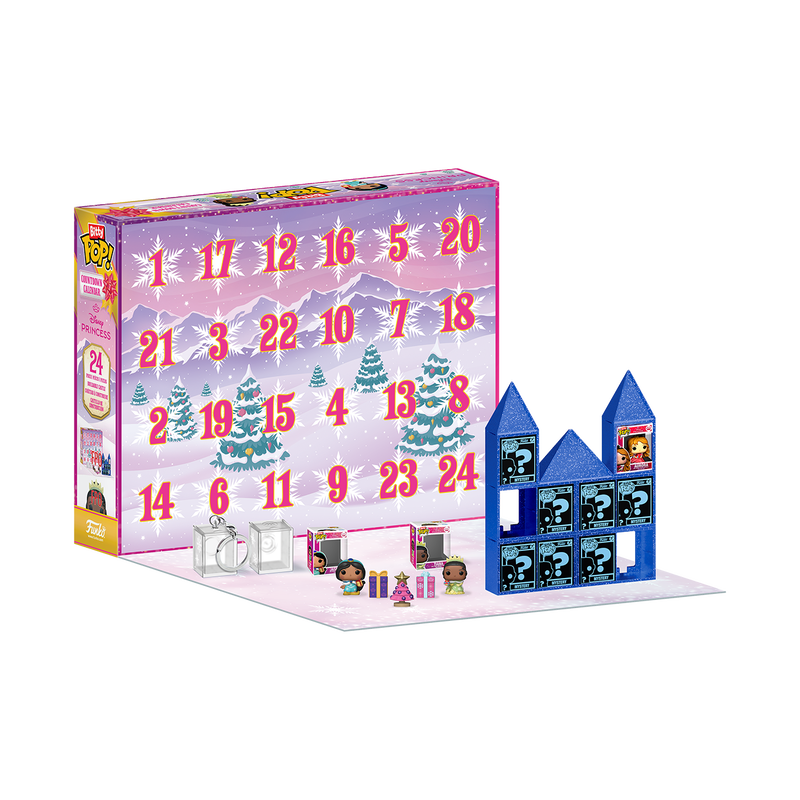 bitty pop disney princess holiday advent calendar A pink Funko Pop! advent calendar box with numbered doors, mini figures, and small gift boxes arranged in front, plus a blue display stand shaped like houses.