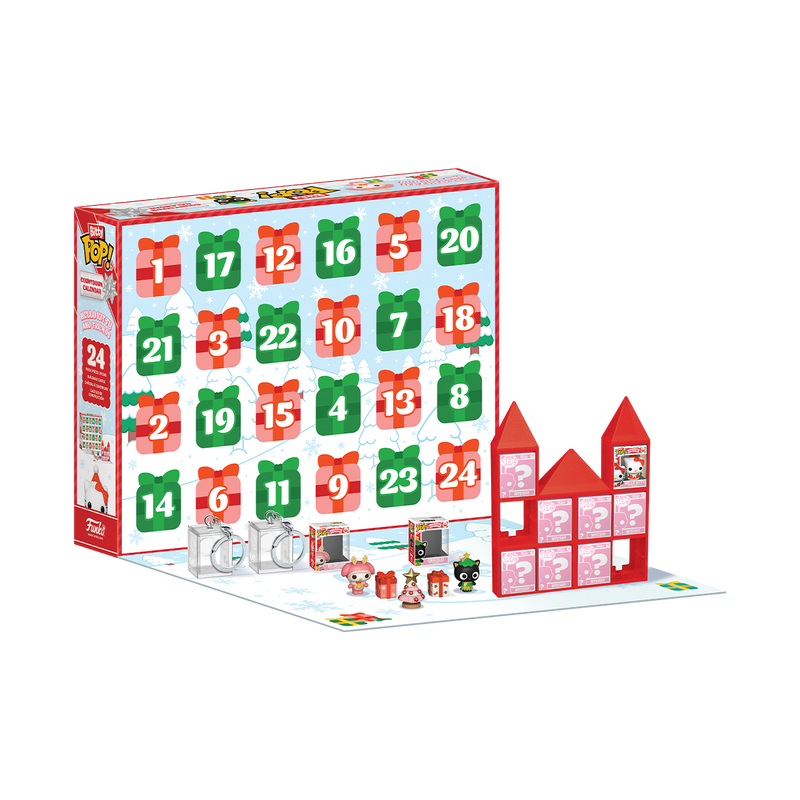 bitty pop hello kitty advent countdown calendar A holiday-themed advent calendar box with numbered doors, toy figures, small accessories, and a red cardboard building displayed on a white background.