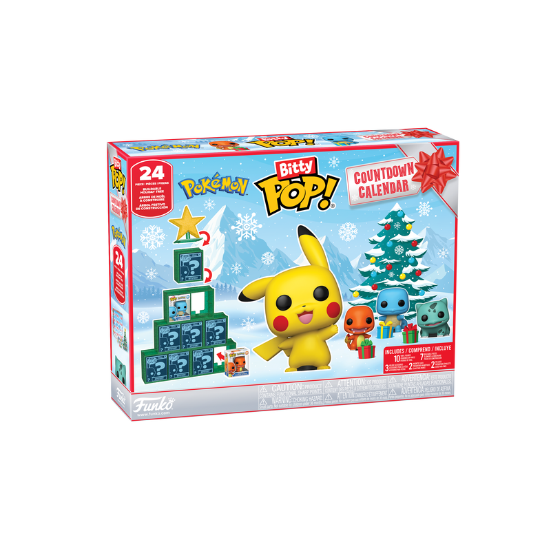 bitty pop pokémon advent countdown calendar Box of Bitty Pop! Pokémon Countdown Calendar featuring Pikachu and other Pokémon figures, set against a holiday-themed background with a Christmas tree and snowflakes.