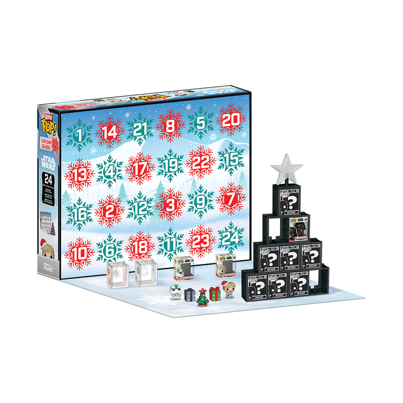 bitty pop star wars advent countdown calendar Star Wars-themed Funko Pop! Advent calendar with numbered doors, mini figures, and black display tree with a silver star on top, set against a snowy backdrop.