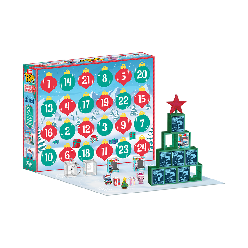 bitty pop stitch holiday advent calendar Funko Pop! Advent calendar with 24 numbered doors, small collectable figures, a green tree display with a red star, and a snowy background decorated with baubles and Christmas scenes.