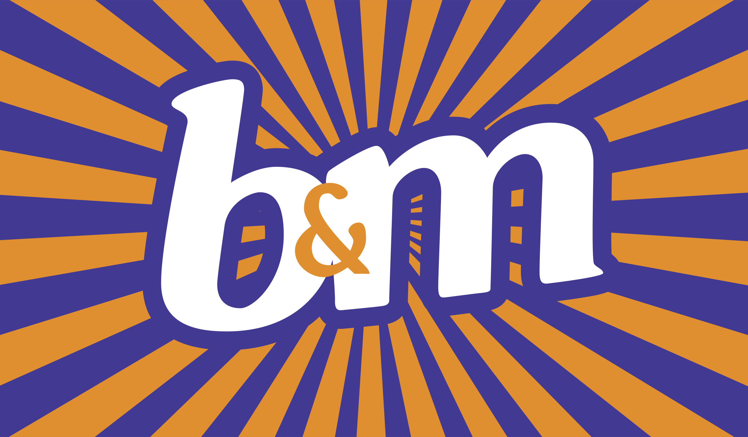bm bargains logo The B&M logo in white and orange letters on a purple background with orange and purple rays radiating outwards.