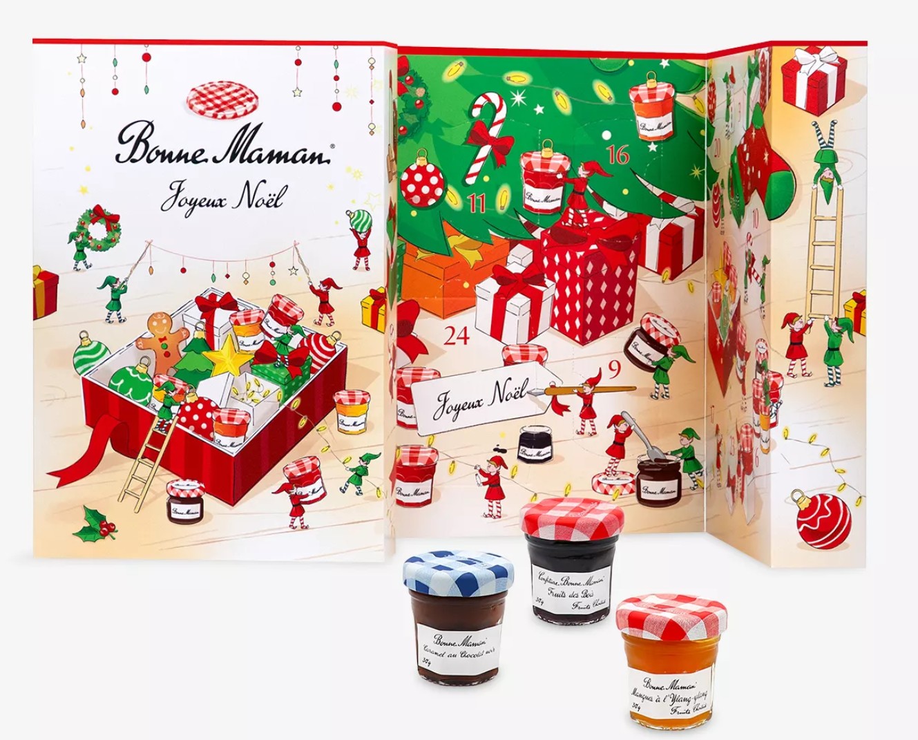 bonne maman jam advent calendar Bonne Maman advent calendar with illustrated Christmas scenes, numbered doors, and three mini jars of preserves displayed in front.