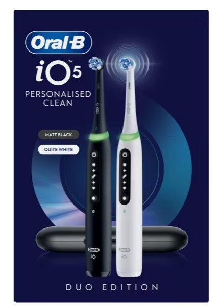 boots oral b electric toothbrush Two Oral-B iO5 electric toothbrushes, one black and one white, are shown upright with a carrying case behind them. Text labels indicate “Matt Black,” “Quiet White,” and “Duo Edition.”.