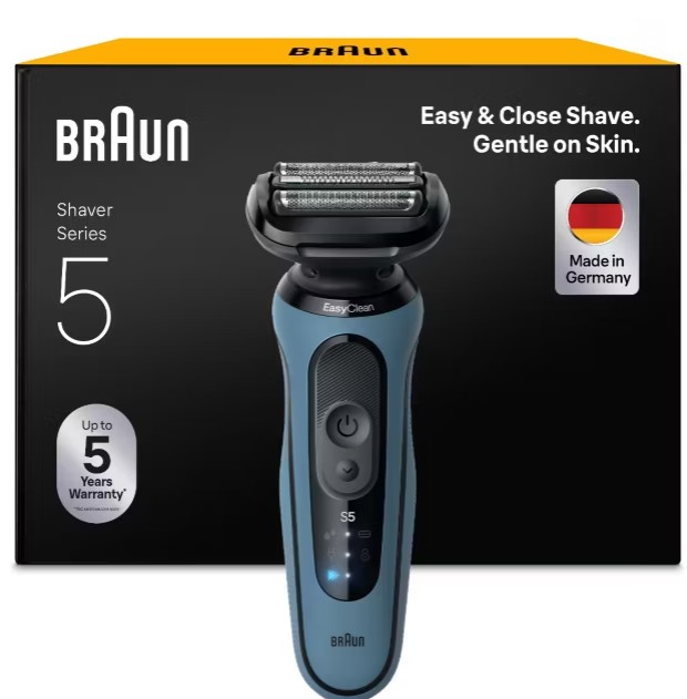 braun electric shaver Braun Series 5 electric shaver with S5 label is shown in front of its box, which highlights features like “Easy & Close Shave” and “Made in Germany”.
