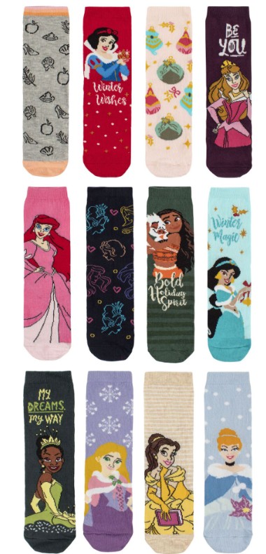 disney princess Twelve pairs of colourful socks, each featuring a different Disney princess or related design, arranged in three rows of four pairs each.