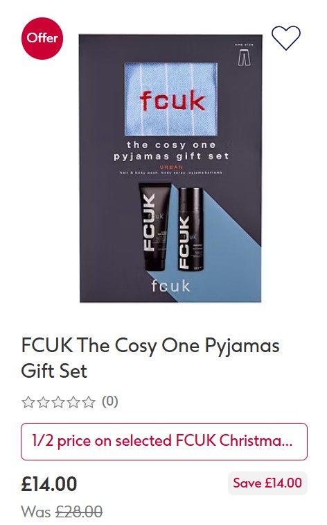 fcuk half price boots FCUK The Cosy One Pyjamas Gift Set on sale for £14, was £28. Includes pyjamas and two FCUK products. Special half-price offer highlighted.