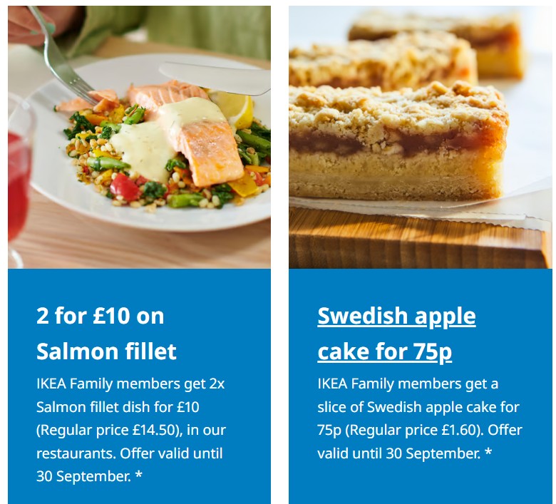 food deal sept26 A plate with salmon fillet, vegetables, and potatoes; and a slice of Swedish apple cake. Promotional offers for IKEA Family members are displayed below each image.