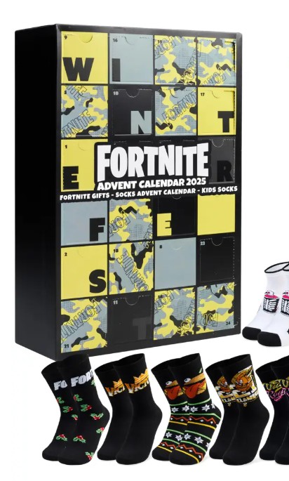 fortnite Fortnite Advent Calendar 2025 box with numbered doors and six pairs of black Fortnite-themed children’s socks displayed in front.