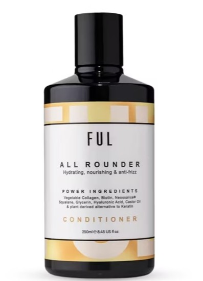 A bottle of FUL All Rounder Conditioner, 250ml, featuring a white and yellow label listing hydrating, nourishing, and anti-frizz properties, along with key ingredients.