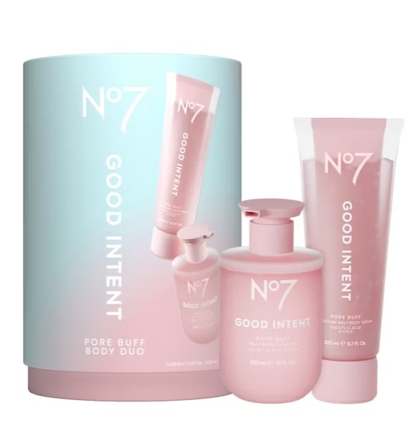 good intent buff No7 Good Intent Pore Buff Body Duo set, including a pump bottle and tube, both in pink packaging, displayed with matching product box.