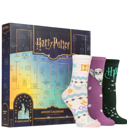 harry potter Harry Potter-themed advent calendar box with three colourful socks displayed in front: one with an “H”, one with Dumbledore, and one with the “HP” logo and stars.