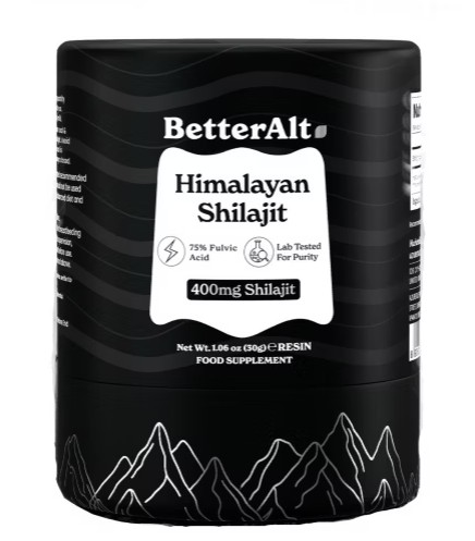 Black container labelled “BetterAlt Himalayan Shilajit” with 400mg shilajit, 75% fulvic acid, and lab tested for purity. White mountain designs are at the bottom.