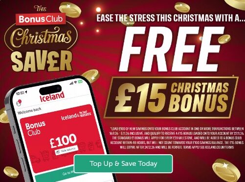 Advertisement for Iceland Bonus Club Christmas Saver, offering a free £15 bonus, featuring a mobile displaying a £100 balance and a green “Top Up & Save Today” button.