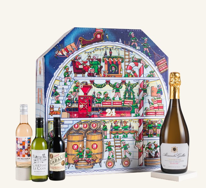 laithwaites 2026 Advent calendar with festive elf artwork, three small wine bottles, one small rosé bottle, and one bottle of sparkling wine displayed in front.