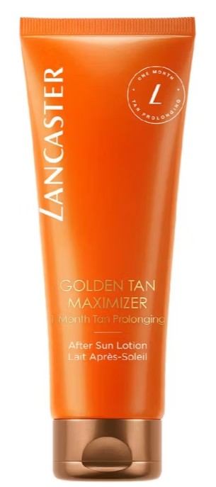 An orange tube labelled “Lancaster Golden Tan Maximiser After Sun Lotion,” advertised to prolong tan for one month, with gold and white text on the packaging.