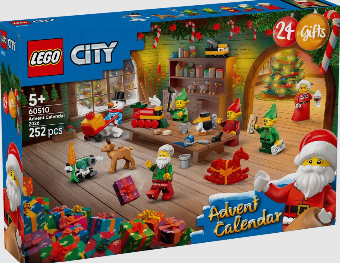 lego advent 2026 LEGO City Advent Calendar box showing festive LEGO minifigures, gifts, and holiday decorations inside a cosy workshop scene.