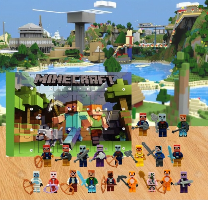 minecraft figures advent calendar A set of Minecraft-themed toy figures is arranged in front of a Minecraft jigsaw and a blocky Minecraft landscape background.