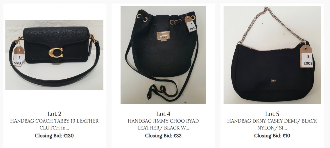 mulberry bank auction desktop example Three black handbags labelled as Lots 2, 4, and 5 with price tags and closing bids of £130, £32, and £10 displayed on a white background.