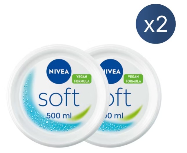 Two Nivea Soft 500 ml vegan formula cream containers are shown overlapping, with an “x2” symbol indicating a double pack.