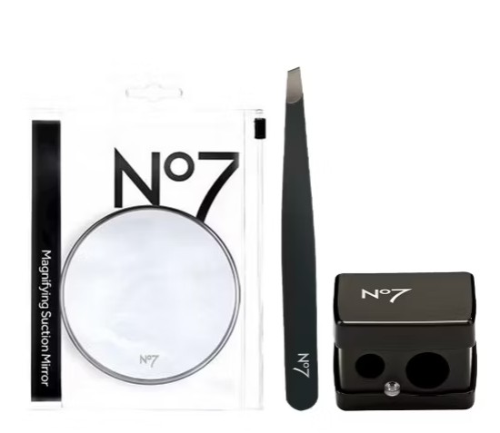 no7 eye accessories bundle No7 branded cosmetics set including a magnifying suction mirror, tweezers, and a dual-pencil sharpener, arranged on a white background.