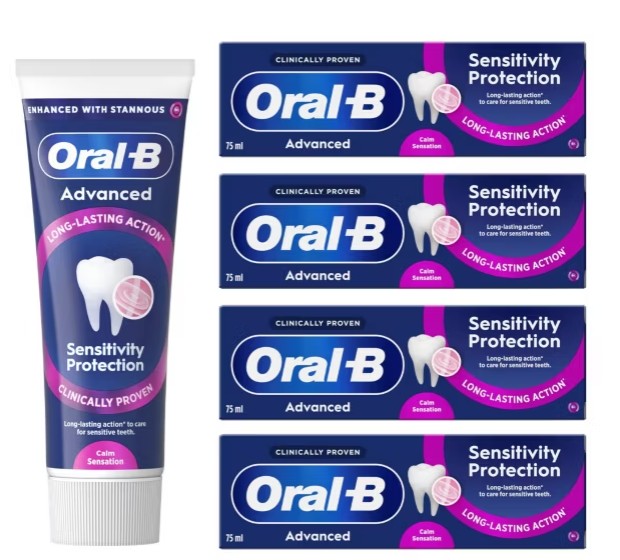 A tube and four boxes of Oral-B Advanced Sensitivity Protection toothpaste, each labelled with “long-lasting action” and “calm sensation”.
