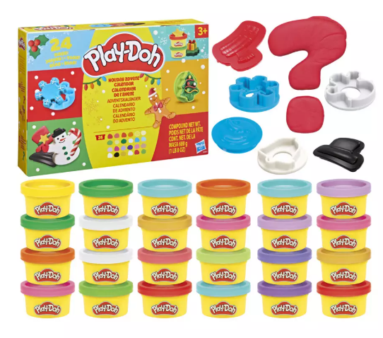 play-doh holiday advent calendar Play-Doh set with 24 colourful tubs, plastic sculpting tools, moulds, and a yellow box packaging featuring festive decorations and images of clay creations.