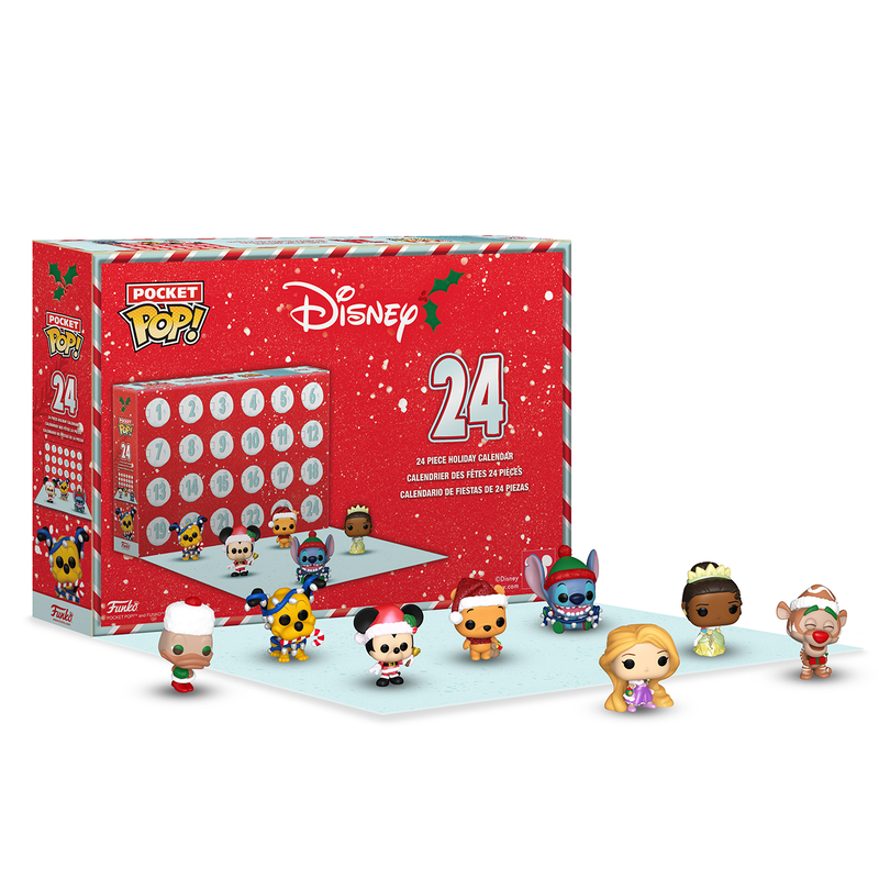 pocket pop disney advent countdown calendar Red Disney Pocket Pop! Holiday Advent Calendar box with 24 numbered doors, shown with six small Disney character figurines displayed in front on a blue surface.