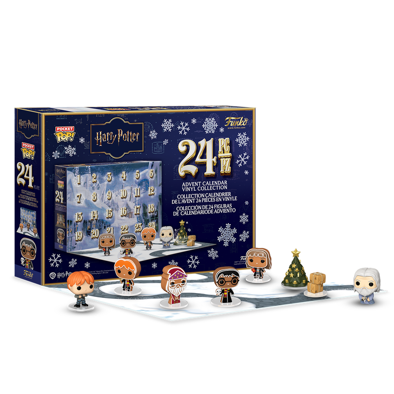 pocket pop harry potter advent countdown calendar Harry Potter Funko Pop! advent calendar box with 24 numbered doors and several Harry Potter character figurines displayed in front.