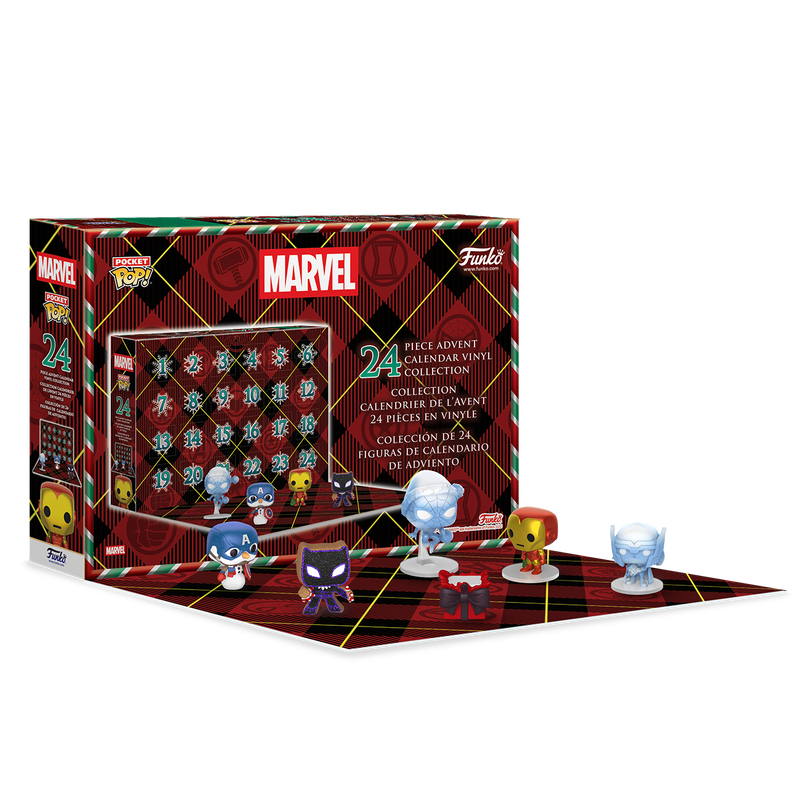 pocket pop! marvel advent countdown calendar Marvel Funko Pop! Advent calendar box with 24 vinyl minifigures; four figures displayed in front on a checked background.