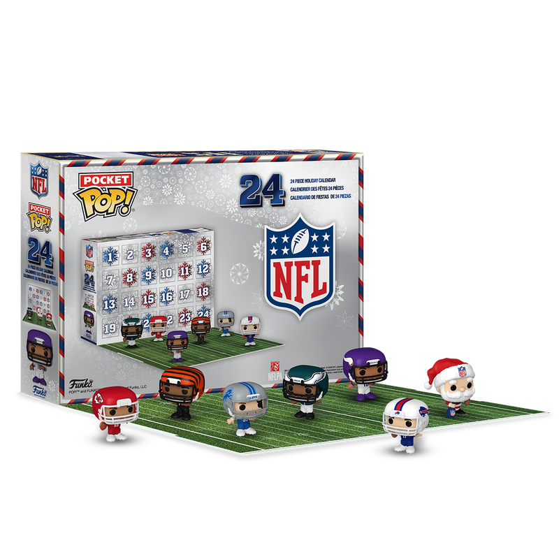 pocket pop nfl advent countdown calendar NFL Pocket Pop! 24-day advent calendar box with six NFL player figurines, including one wearing a Father Christmas hat, arranged on a green pitch.