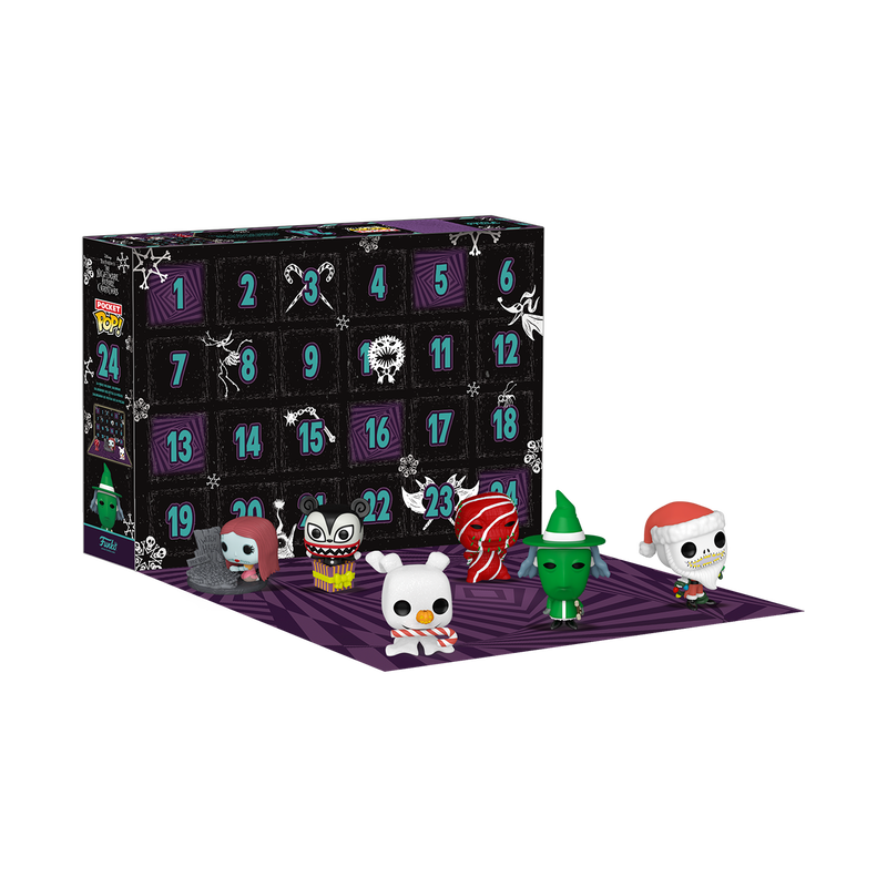 pocket pop the nightmare before christmas advent calendar A Nightmare Before Christmas advent calendar is open, revealing five stylised character figures in front of numbered doors on a purple and black box.