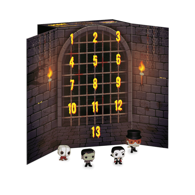 pocket pop universal horror countdown advent calendar Advent calendar with a gothic stone wall design, numbered doors from 1 to 13, and four small figurines in front depicting classic monster characters.