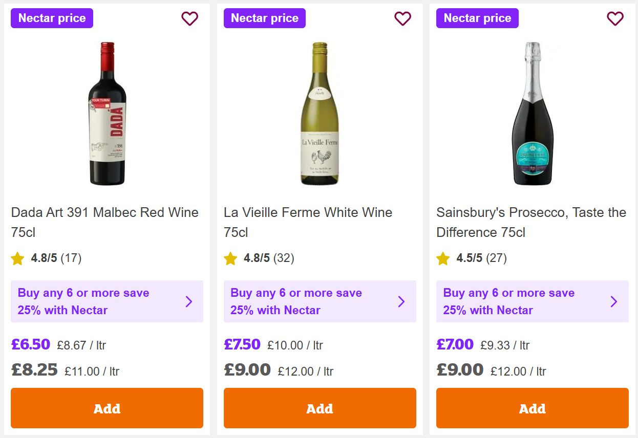 Three wine products with prices and ratings: Dada Art 391 Malbec, La Vieille Ferme White, and Sainsbury’s Prosecco. Promotions and Nectar discounts displayed below each product.