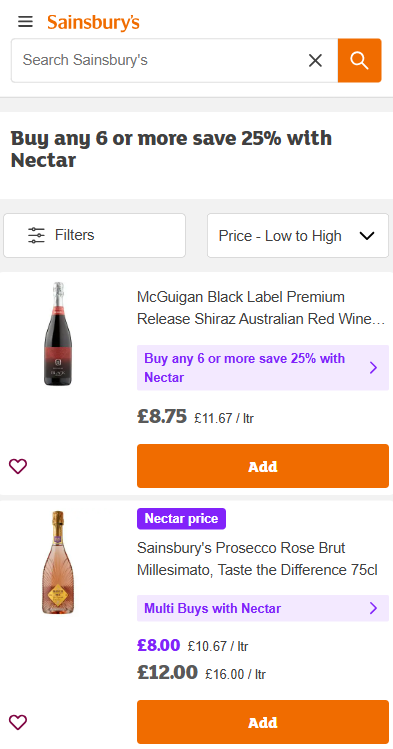 Screenshot of Sainsbury’s online shop showing offers on wine, including a Shiraz and a Prosecco Rosé, with multi-buy Nectar discounts and prices listed.
