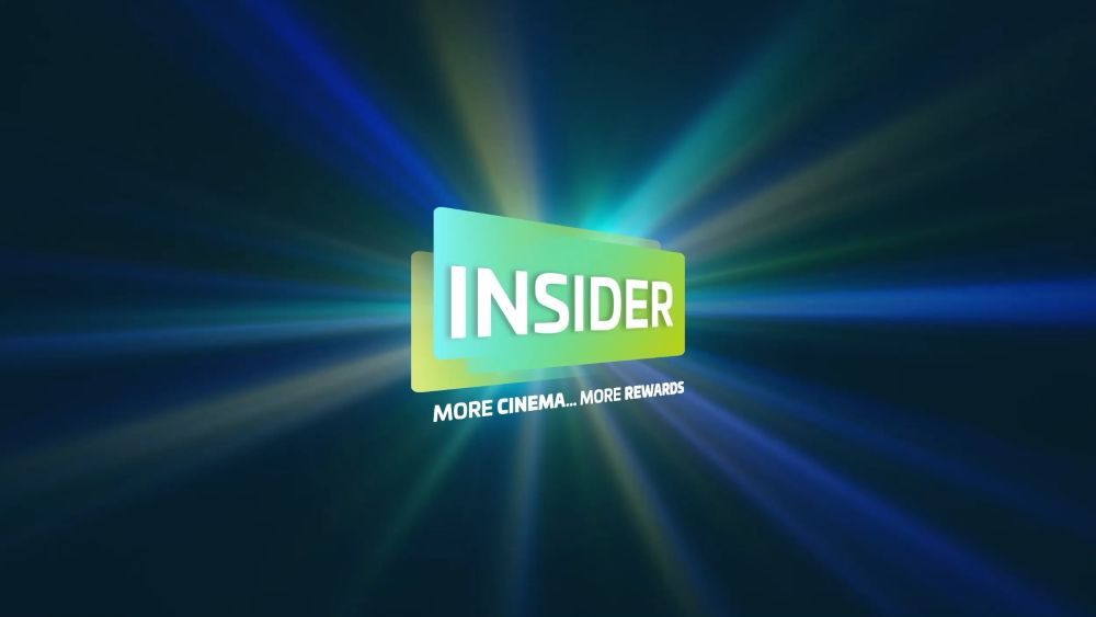 INSIDER logo with green and blue gradient on a radiant blue background; text below reads “MORE CINEMA... MORE REWARDS”.