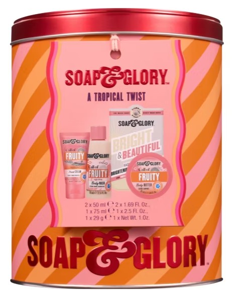 soap & glory a tropical moment A pink and orange striped Soap & Glory gift tin labelled “A Tropical Twist” contains various body care products in bright packaging.