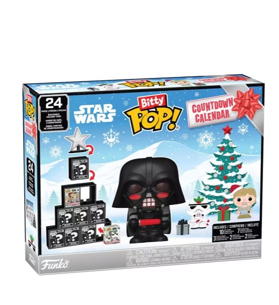 star wars funko pop Box of a Star Wars Bitty Pop! Countdown Calendar by Funko, featuring a large Darth Vader figure and 24 collectable mini figures, with a festive holiday background.
