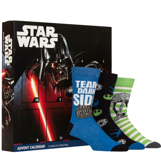 star wars Star Wars-themed advent calendar box with three pairs of socks featuring various Star Wars designs displayed in front.