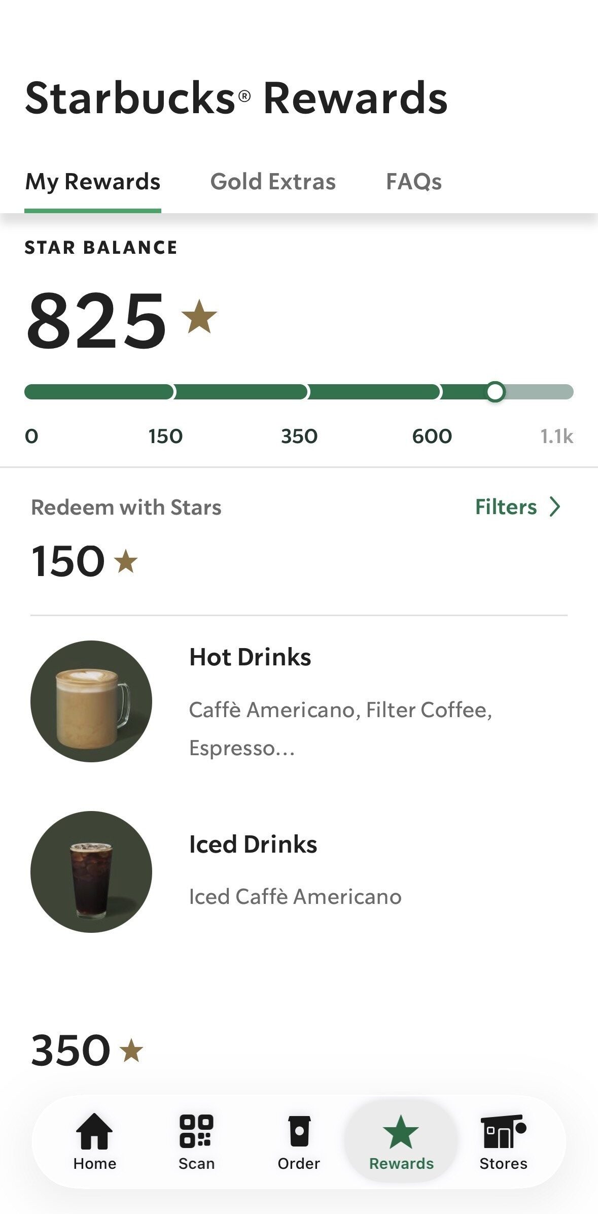starbucks app printscreen Starbucks Rewards app screen showing 825 star balance, with hot drinks available for 150 stars and iced drinks for 350 stars. Menu tabs are at the bottom.