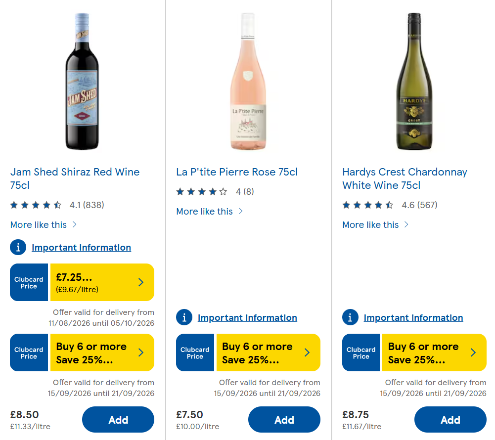 Three bottles of wine are displayed: Jam Shed Shiraz, La P’tite Pierre Rosé, and Hardys Crest Chardonnay, each with price, size, Clubcard offers, and delivery information below.