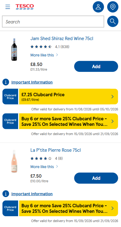 Tesco online store page showing Jam Shed Shiraz Red Wine and La P’tite Pierre Rosé, with prices, Clubcard offers, and “Add” buttons.